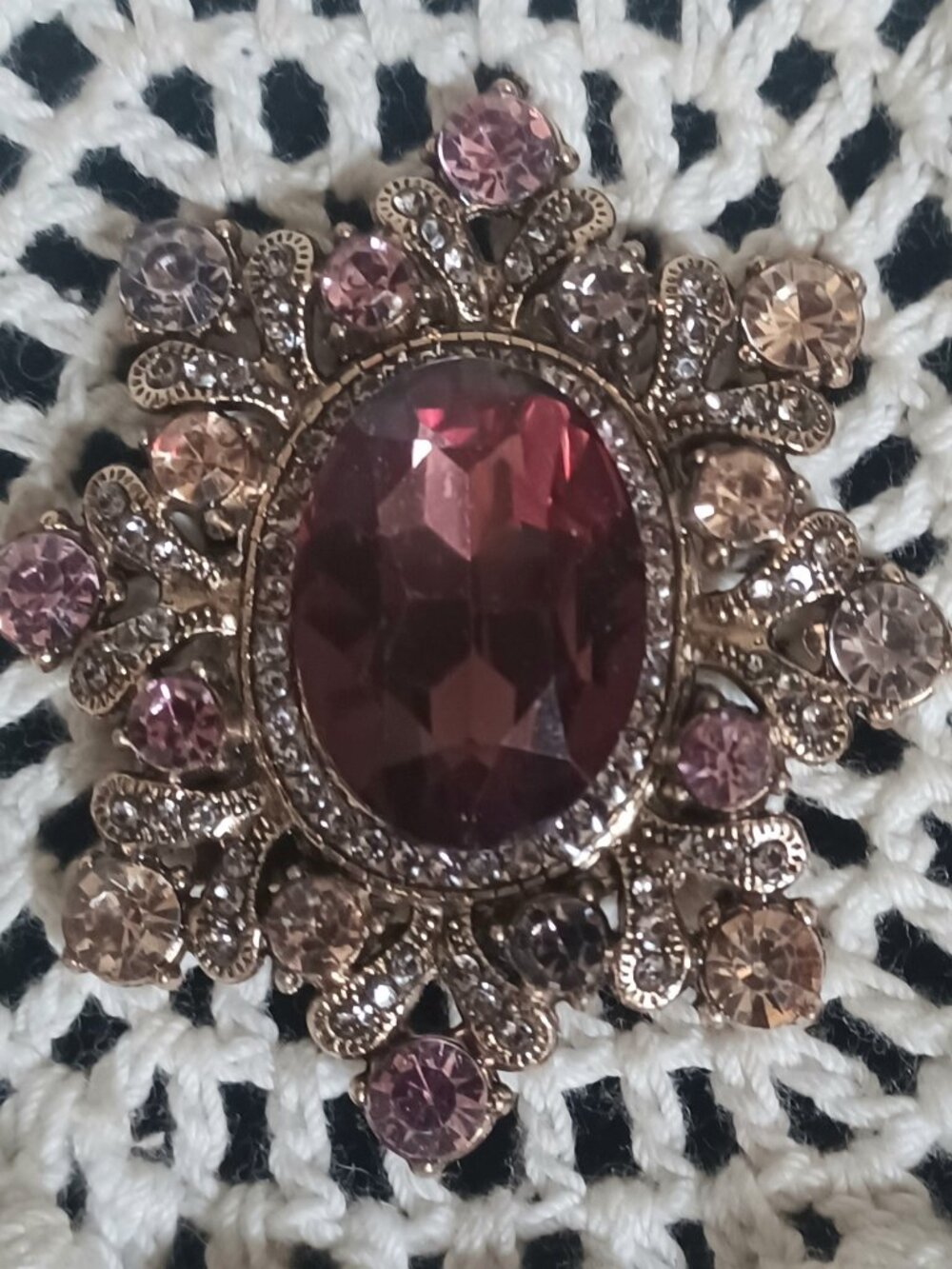 Gold-Tone Pink and Red Crystal Floral Brooch